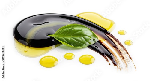 Balsamic Glaze Drizzle with Olive Oil and Fresh Basil Leaf