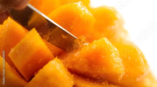 Close up of cutting fresh juicy ripe mango fruit with a knife into cubes on a white background