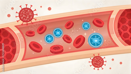 Virus interacting with cells inside a blood vessel illustration