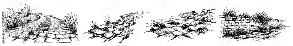 Obraz premium Landscape elements including cobblestone paths and rustic stone walls in ink sketch style