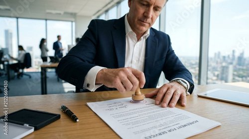 Businessman stamping official document on desk with city view background