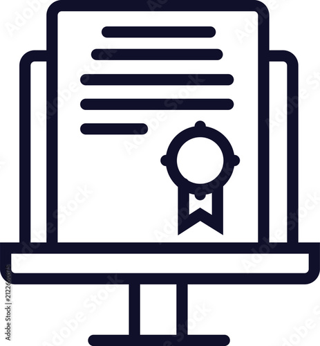 Digital Certificate Laptop Icon. Online Education Degree Line Art Vector.