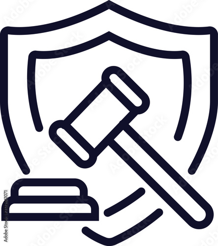 Legal Justice Gavel Shield Icon. Business Law Compliance Line Art Vector.