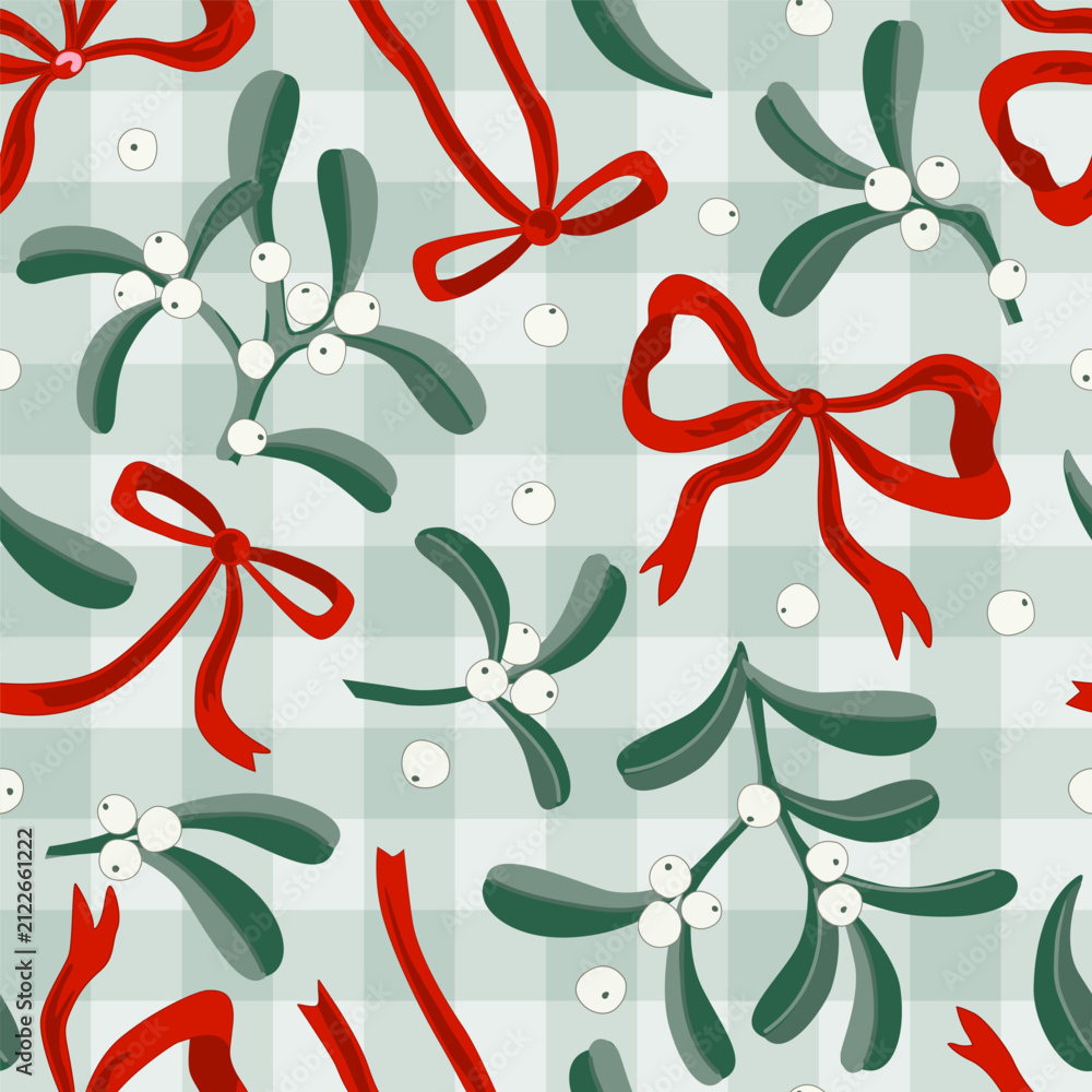 Obraz premium Mistletoe branches and red bows cute vector seamless pattern on gingham background. Christmas background for fabric, wallpaper, packaging, textile, design