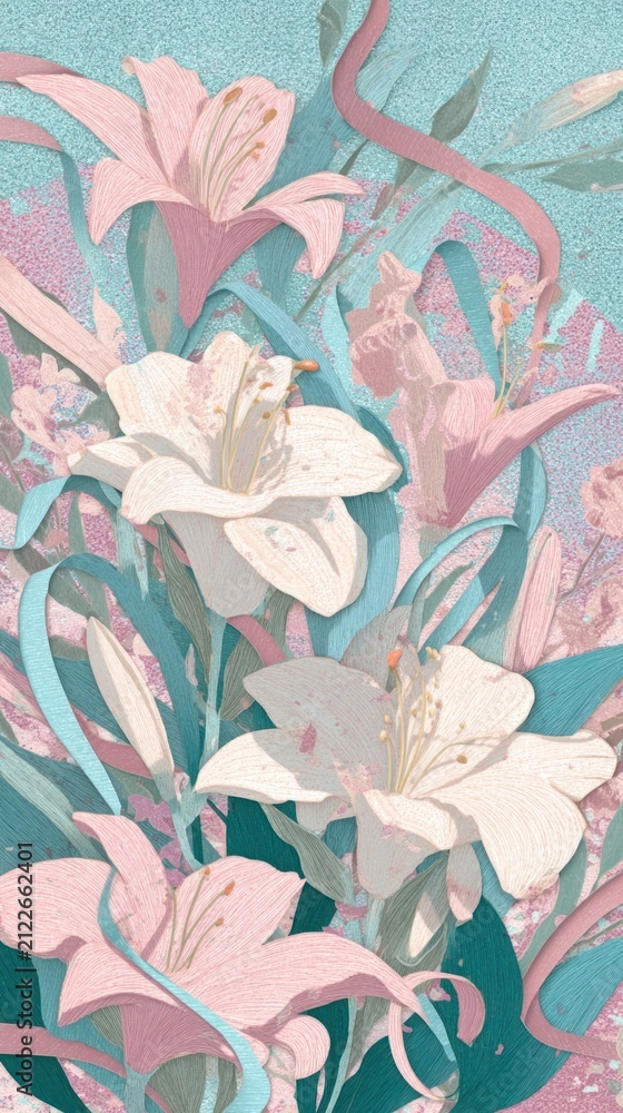 Obraz premium Pastel floral illustration with lilies, perfect for mobile wallpaper.