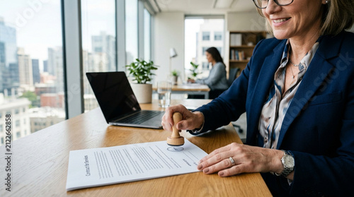Businesswoman stamping document in modern office