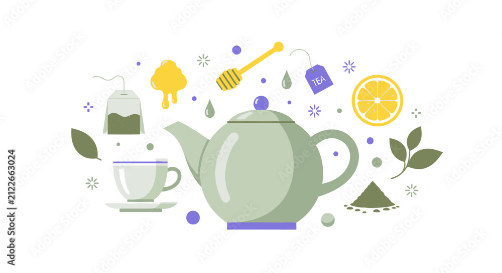 Fototapeta premium Flat Vector Tea Ceremony Set with Teapot, Cup, Honey, Lemon, and Tea Bags