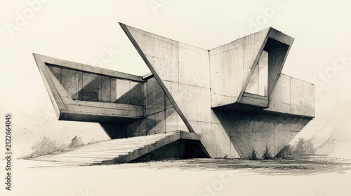 Modern Brutalist Concrete Building with Sharp Angles and Unique Design