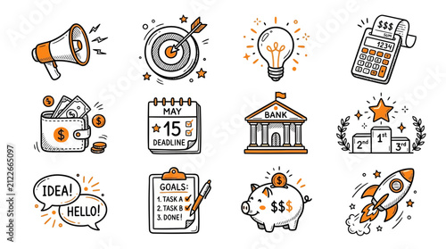 Hand drawn business doodle icons set featuring target lightbulb calculator wallet and rocket, perfect for marketing strategy, startup presentation and infographic design