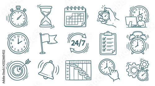 Set of hand drawn time management doodle icons with clock calendar and project manager at desk, perfect for productivity infographic, business workflow planning and corporate presentation