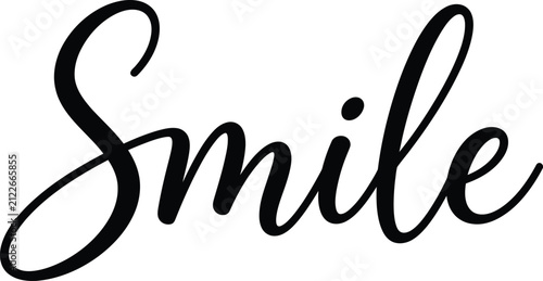 Elegant black cursive calligraphy of the word smile isolated on a clean white background