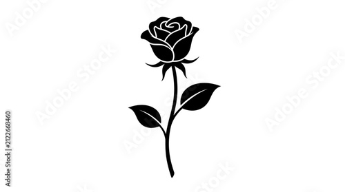 Foto Halloween, Rose icon depicting a single black silhouette of a rose with a stem and leaves, standing vertically on a stark white background, suitable for various design applications