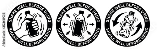 Outline icon set of 3 shake well before using labels featuring bottle shaking motion arrows and circular badge design for product packaging