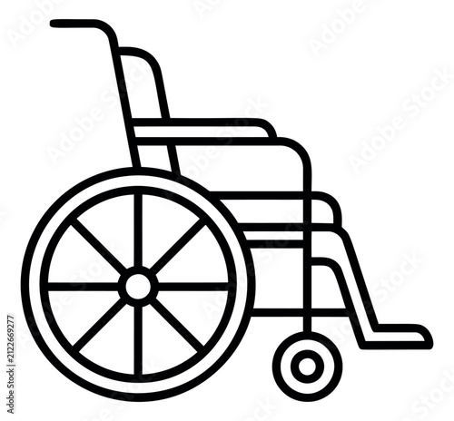 Outline illustration of a wheelchair depicting mobility aid equipment for disability and healthcare design