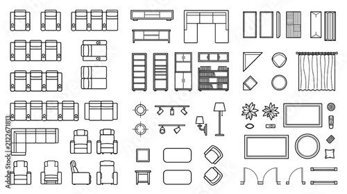Living Room Furniture, TV Unit and Lighting Architectural CAD Symbol Collection
