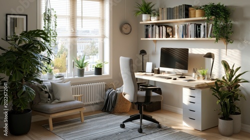 Bright and modern home office space with desk chair and plants near window
