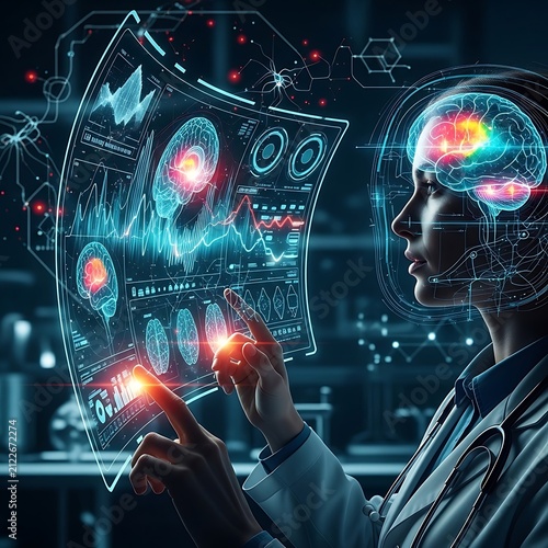 Abstract digital brain with neural network visualization.