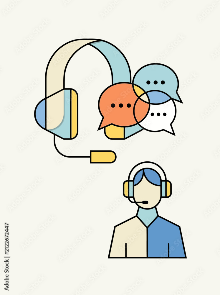 Fototapeta premium Customer Service Representative Wearing A Headset With Speech Bubbles Representing Online Communication And Professional Support Assistance