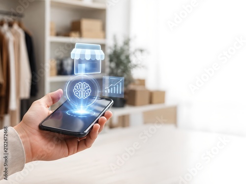 Hand Holding Smartphone with AI Small Business Assistant Hologram