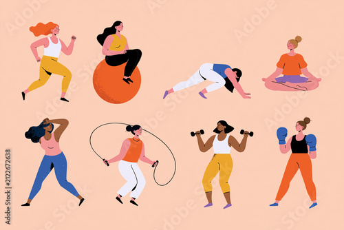 Diverse Women Exercising Set with Yoga, Running, Boxing and Fitness Activities Flat Vector Illustration