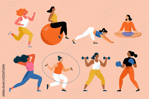 Diverse Women Exercising Set with Yoga, Running, Boxing and Fitness Activities Flat Vector Illustration