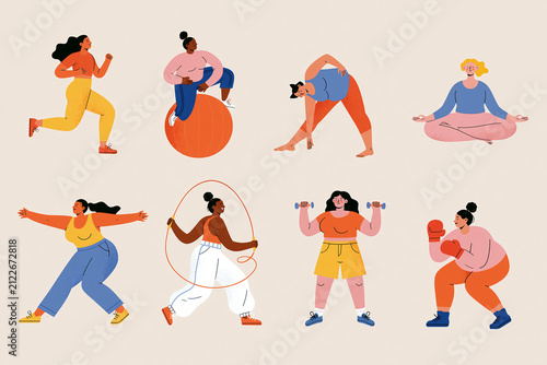 Diverse Women Exercising Set with Yoga, Running, Boxing and Fitness Activities Flat Vector Illustration