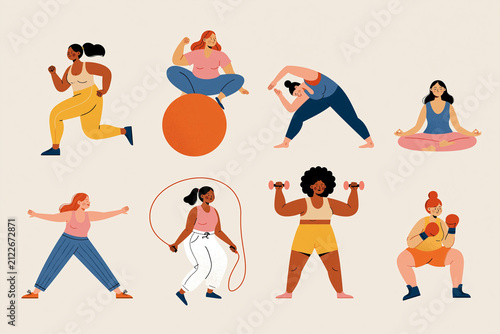 Diverse Women Exercising Set with Yoga, Running, Boxing and Fitness Activities Flat Vector Illustration