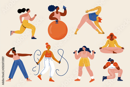Diverse Women Exercising Set with Yoga, Running, Boxing and Fitness Activities Flat Vector Illustration