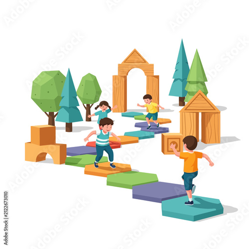 Children Playing on Colorful Wooden Path in Outdoor Play Area