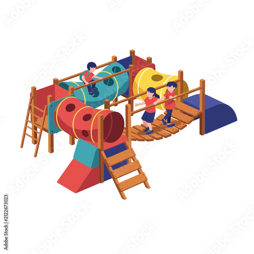 Children Playing on Colorful Playground Equipment in Outdoor Setting