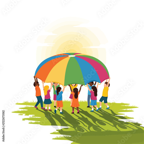 Children Playing Under Colorful Umbrella in Sunny Outdoor Scene