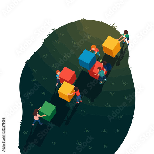 Children Playing with Colorful Blocks on Grass in Outdoor Setting