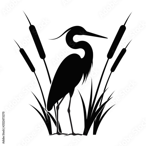 Bild auf Leinwand Great blue heron standing in reeds silhouette graphic with cattails silhouette w