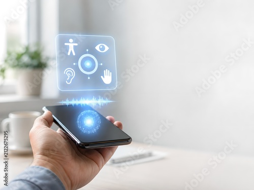 Hand Holding Smartphone with AI Accessibility Assistant Hologram