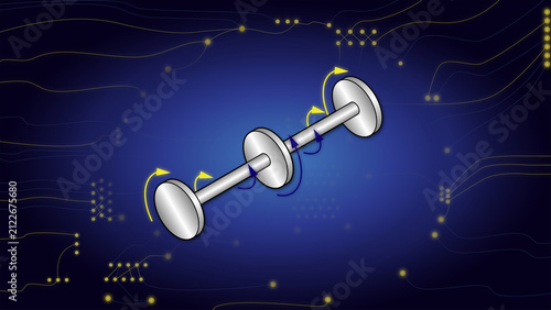 A line drawing showing a dynamical torsional system with 3 masses and symbols for vibration