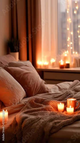 A cozy bedroom scene featuring soft pillows, a warm throw, and glowing candles scattered around
