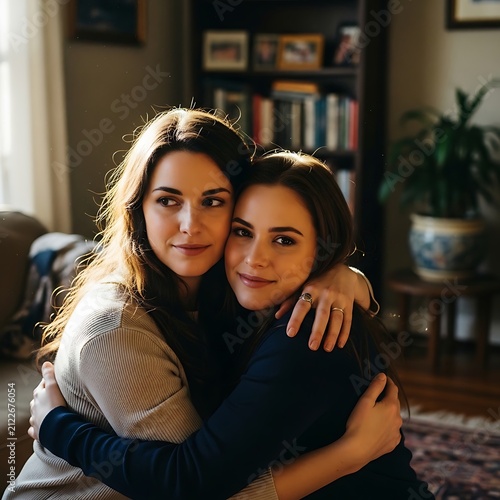 Two women in casual conversation indoors.
