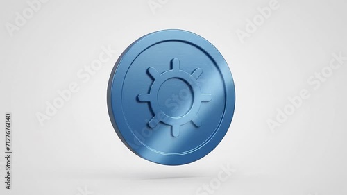 Metallic blue gear coin rotating on white background, 3D industrial setting icon, mechanical engineering symbol for technology and innovation