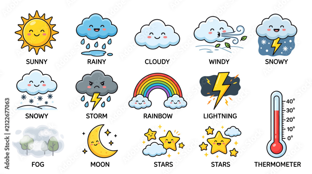 Obraz premium Cute Cartoon Weather Forecast Icons Set with Sun Rain Cloud Snow and Temperature Thermometer for Kids Educational Material