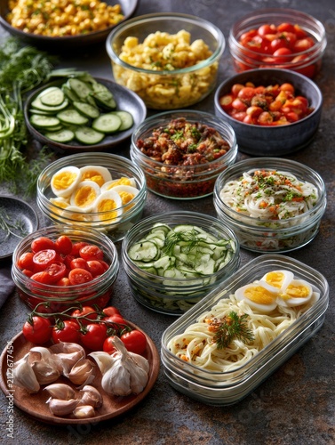 Fresh ingredients sit next to arranged meal prep containers on a kitchen counter. The setup shows a focus on healthy eating and organization