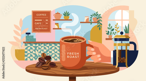 Cozy coffee shop setting with a steaming cup, fresh roast beans, and lush indoor plants creating a warm inviting atmosphere for