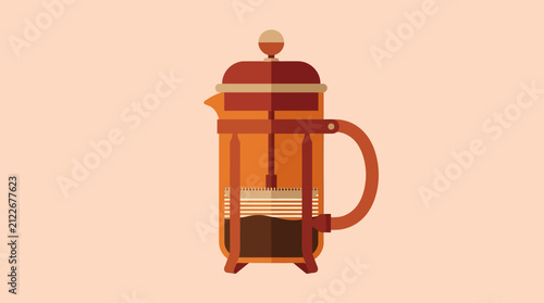 Modern minimalist illustration of a French press coffee maker with warm earthy tones and simple geometric design