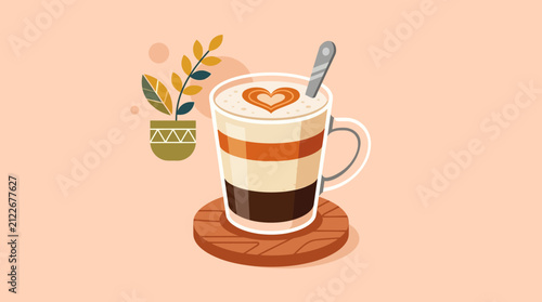 Delightful layered coffee beverage with heart latte art and cozy aesthetic on a wooden coaster