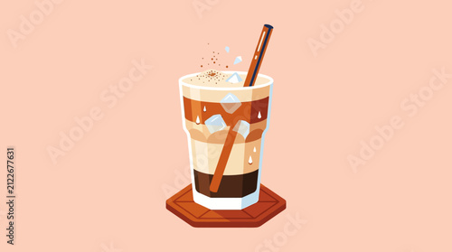 Delicious layered iced coffee with chocolate and creamy milk served in a tall glass on a pink background perfect for cafe menu