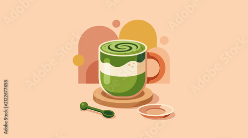 Stylized digital illustration of a green matcha latte coffee cup with frothy topping and brewing accessories on a pastel