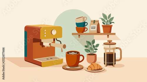 Stylish Coffee Making Setup with Espresso Machine, Cups, and Fresh Croissant on a Cozy Kitchen Counter