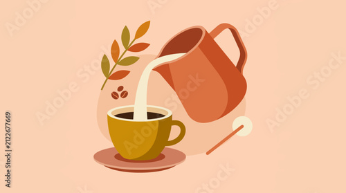 Illustration of a cozy tea scene featuring a pouring teapot into a cup with autumnal leaves and a honey dipper on a soft