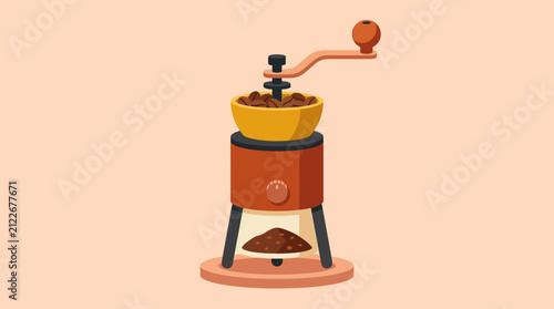 Vintage manual coffee grinder with wooden handle and bean container for fresh ground coffee brewing
