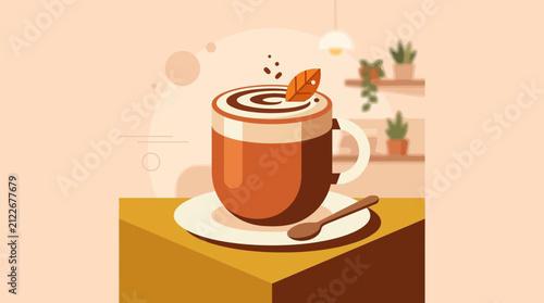 Warm cozy autumn-themed coffee cup with a floating tea bag in a minimalistic illustration for relaxation and comfort