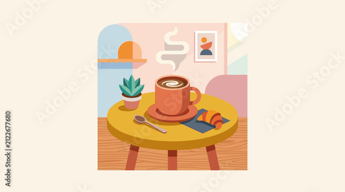 Cozy coffee table setup with a steaming mug, croissant, and smartphone in an inviting modern living space with artwork and